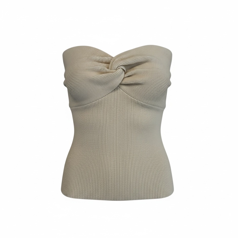 Beige Knitted Tube Top with Knot Detail